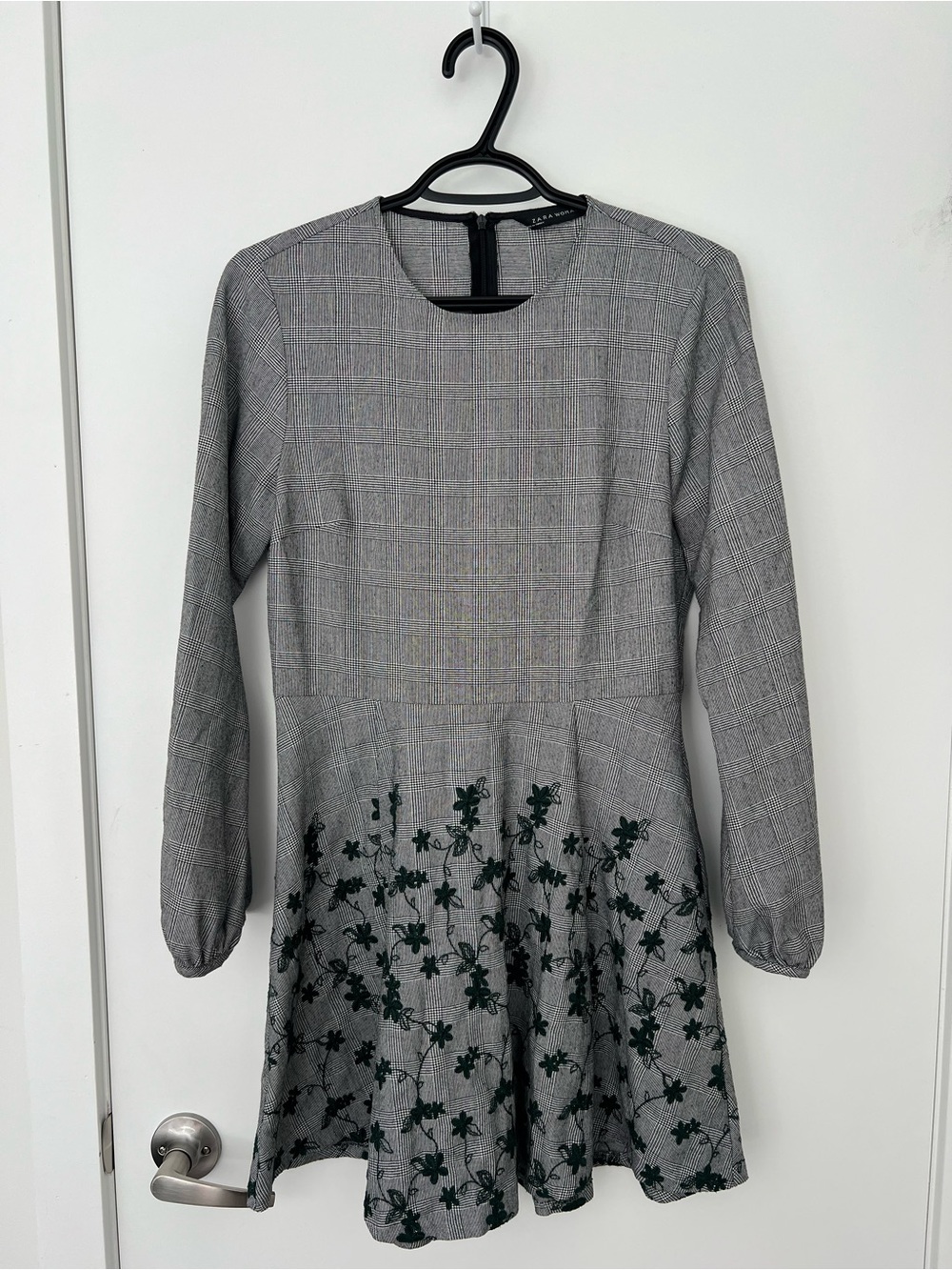 Zara Grey Plaid Fit and Flare Dress with Dark Green Floral Embroidery, Small